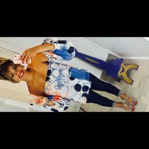 Entro Tops off Shoulder Blouse Blue,Coral & White